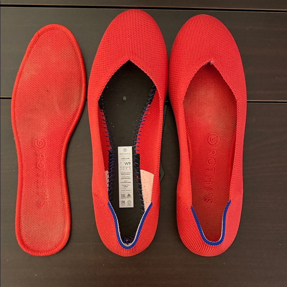 Rothy's Vibrant Red Flats with Blue Trim